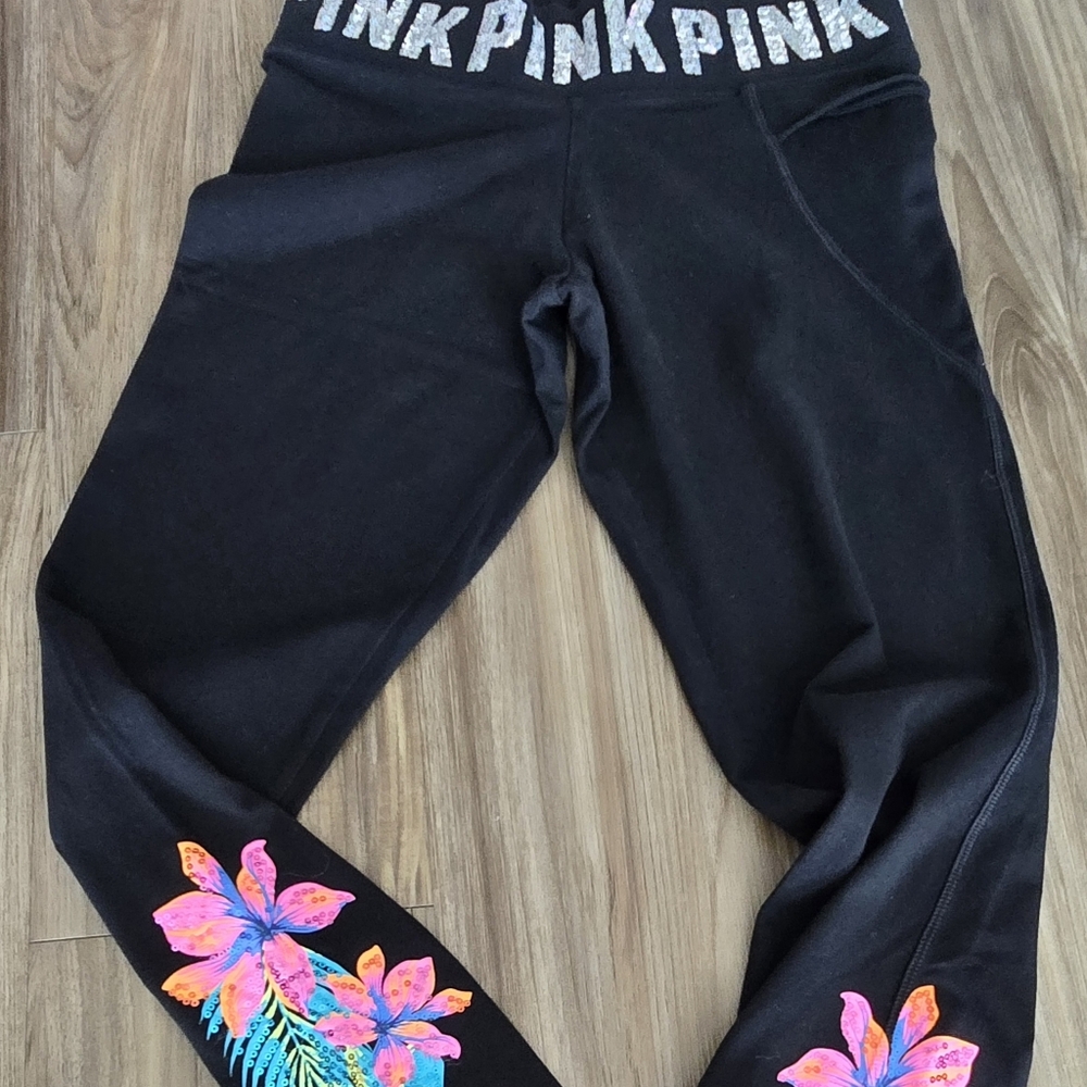Victoria’s Secret Pink Hibiscus Tropical Bling Yoga Leggings Pants Size Medium